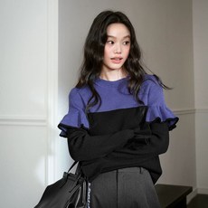 니트 배색 프릴소매 컬러블록 캐주얼 S 스웨터 긴팔