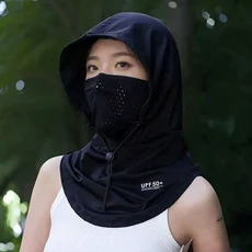 夏季防曬面罩女全臉冰絲騎行護頸一體式 UPF50, 神秘黑 大小可調節，錦綸UPF50, 1個