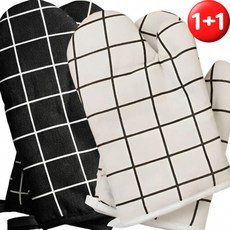 1+1 두꺼운 열차단 오븐장갑 뜨거운 냄비장갑, 2개, 블랙+화이트