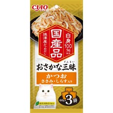 CIAO 貓咪三昧餐包, 1個, CIAO魚三昧餐包-鰹魚+雞肉+吻仔魚, 60g, 鰹魚, 雞肉, 吻仔魚