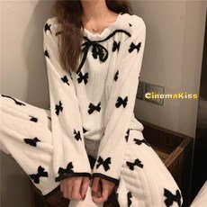 CinemaKiss 극세사 여성용 겨울 수면잠옷 세트 리본 홈웨어 상의 하의 세트 따뜻한 초미세 빅사이즈 홈웨어 쾌적하다YQ123