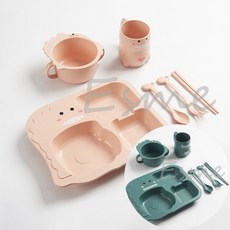 兒童餐具組 恐龍造型小麥秸稈餐盤碗筷組 防摔耐用 可微波冷凍, 1個, 恐龍,綠色湯碗