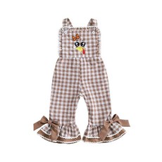 DSORVICD 0-5T 아동용 여아 남아 추수감사절 의상 칠면조 자수 오버롤 격자무늬 플레어 팬츠 벨 하의 브라운.