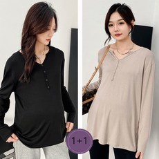 1+1 임산부 긴팔티 봄 가을 캐주얼 코튼 블렌드 V넥 버튼 업 긴소매 탑 JS