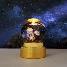 星空旋轉水晶球小夜燈 6cm水晶球銀河系紅裂紋旋轉燈座, 1個, 6cm水晶球 水母,+紅裂紋旋轉燈座