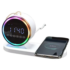 WORLDEX 5in1 15W고속 무선충전기 블루투스 분리형 스피커 시계 LED 수면등, 화이트, 1개