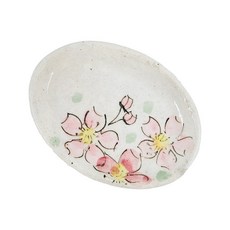Vintage 。復古家 日本製瀨戶燒 手作粗陶櫻花橢圓形豆皿 小碟子 盤子 (12.5*9.2cm), 1個, 櫻花