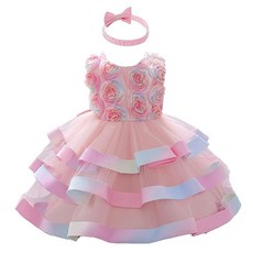 HOIZOSG 여아용 무지개 플라워 튤 드레스 미인 대회 세례 결혼식 생일 파티 세례 튀튀 가운 헤드웨어 포함 핑크 3-6개월 Rainbow