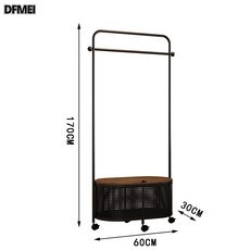 DFMEI 奶油風臥室落地掛衣架髒衣簍家用鐵藝衣服收納架簡易可移動衣帽架, 亞光黑藤編平頭款(長60高170)
