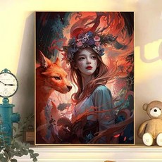 페인팅 DIY 세트 여우와 소녀 액자 그림그리기 모음 유화 그림 색칠 취미 명화그리기 캐릭터 장식화 벽걸이 개업/이사 선물, H1136, 30*40cm