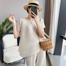 CADISE 여성 플리츠 세트 주름옷 반팔티 팬츠 투피스 빅사이즈 루즈핏 일자 통바지 세트