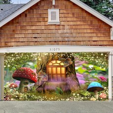 매혹적인 숲 차고 문 커버 배너 장식 배경 2.1x4.9m(7x16피트) 대형 동화 통나무 오두막 나비 꽃 야외 생일 파티 베이비 샤워 용품 Hraiufc 11st_amz 21, 매혹적인 숲 차고 문 커버 배너 장식 배경 2.1x4., 1