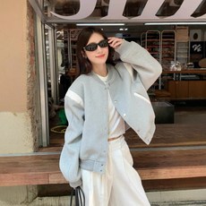 ANYOU 여성 그레이 야구점퍼 기모 자켓 가을 겨울 재킷 패션 블루종 빅사이즈 루즈핏 바람막이점퍼 캐주얼 코트 데일리 긴팔 아우터