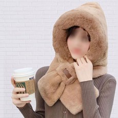 귀염뽀짝 보들보들 밍크털 일체형 후드 목도리 머플러 겨울 방한 모자, 까미 밍크털후드목도리(아이보리)