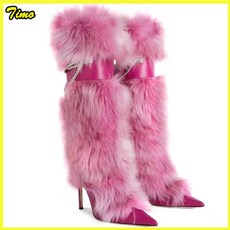 可開發票毛毛靴外貿新款高跟靴尖頭小衆金屬鏈條一腳蹬細高跟鞋大碼長靴女 毛毛靴 毛絨靴 長筒靴 時尚靴 毛絨靴 長靴中筒靴, 灰色,43訂製款不退換貨