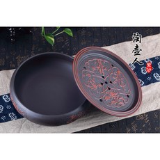 宜興紫砂茶盤仿古陶瓷10寸圓形儲水式茶船茶託功夫茶具 26CM, 梅蘭菊竹（10寸黑色-茶盤, 1個