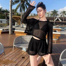 新款泳衣女士分體三件套性感比基尼泳衣套裝純欲針織鏤空罩衫批發