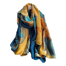 Aufeel 패션 스카프 100% 새틴 실크 롱 경량 자외선 차단 숄 랩 여성용 헤어 스카프 플라워 프린트 라지 141410, 고급스러운 블루