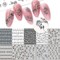 LANODO 10枚 네일 스티커 3D 꽃 흑백 장미 여러 스타일 DIY 네일 스티커 세트