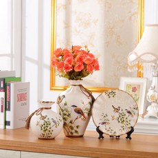 유럽식 거실 현관 술장 TV장 창의 장식품 꽃병 장식 도자기 3종 세트 공예품 꽃꽂이, 새소리 꽃향기 쓰리피스 꽃