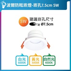 舞光 波爾防眩崁燈, 1個, 5W｜崁孔7.5公分,白光6000K