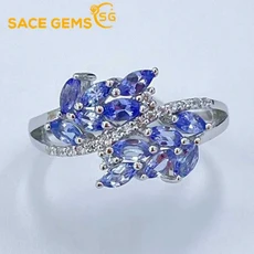 SACE GEMS 여성용 천연 탄자나이트 반지 크기 조정 가능 925 스털링 실버 웨딩 파티 파인 주얼리 축제 선물, 01 파란색, 01 플래티넘 도금, 01 크기 조정 가능