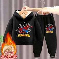【台灣-出貨】加绒加厚儿童套装男宝宝冬季装卫衣男童两件套休闲蜘蛛侠新款