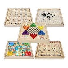 五合一多功能棋盤遊戲組 兒童益智桌遊 跳棋五子棋象棋飛行棋軍棋 木質收納設計, 1個, 五合一（跳棋＋五子棋＋象棋＋飛行棋＋軍棋