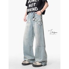 웨이브 텍스처 데님 팬츠 와이드핏 루즈핏 스트리트 무드 캐주얼 청바지