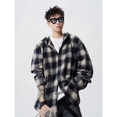 連帽格紋襯衫 春季寬鬆潮流休閒長袖襯衫外套 情侶款上衣