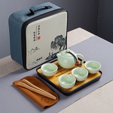 便攜陶瓷窯旅行功夫茶具套裝快客杯收納包伴手禮, 1個, 四方包前程西施壺綠色黑盤:如圖所示392