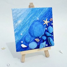 海洋石英砂畫DIY材料包-海浪貝殼 15x15cm畫布含顏料、貝殼 立體感肌理畫, 1個
