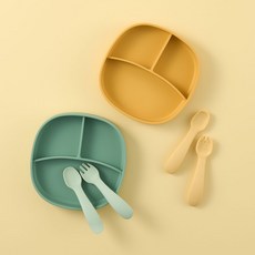 실리콘 이유식 3구 식판 세트 (플레이트+수저+포크), 1개, 플레이트, 수저, 포크, 그린