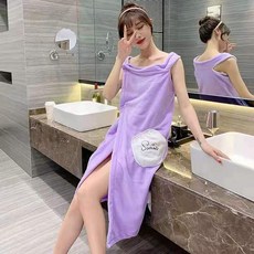 浴巾女成人吊帶浴裙 加長加大碼 不掉毛 吸水, 1個, 長款口袋 淺紫色 ,小碼80-105斤可穿