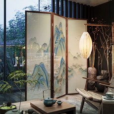 《千里江山》新中式復古實木移動折屏 屏風隔板 玄關隔斷 入戶門客廳辦公茶室, 1個