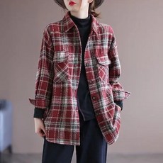 녕동 여성 체크 셔츠 빅사이즈 루즈핏 중년엄마 캐주얼 카라넥 긴팔 모직 셔츠 코트