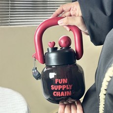 大肚塑料杯雙飲水杯手提潮流拎拎壺大容量太空杯可愛噸噸桶禮品杯, 1個, 1L, 雙飲-拎拎壺黑紅色:800ml