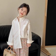 女童翻領長袖襯衫 韓版設計感刺繡純色洋氣上衣