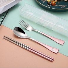 304不鏽鋼小熊兒童餐具組 筷子湯匙叉子三件組 附收納盒, 卡通熊餐具三件組-銀色+粉色, 1個