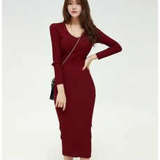 투니스 여성 브이넥 단색 골지 니트 긴소매 롱 원피스