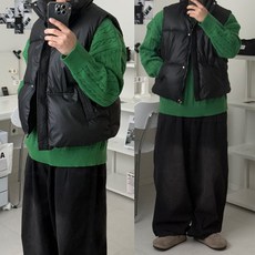르위 오버핏 유광 레더 패딩조끼 웰론 경량 베스트 하이넥 남녀공용