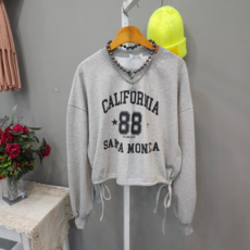 여성용 봄가을 면혼방 라운드넥 긴소매 크롭 사이드 스트링 맨투맨