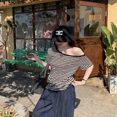 [오노마] ONM 여자 여리핏 숏 오프숄더 스트라이프 반팔티셔츠