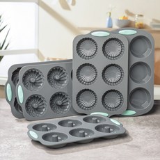 矽膠6連 烘培蛋糕模具 甜甜圈 馬芬杯 布丁模具 矽膠模具, 1個, 雙色旋風烤盤,灰色