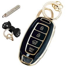 루루형제 현대 호환 자동차 프리미엄 TPU 키 케이스+번호 키링+가죽리본, 다크블랙, AH-01