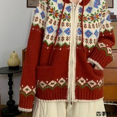 復古費爾島提花針織連帽長袖拉鍊開衫 喜氣圖案 內搭外穿兩用, 1個, 紅色 連帽上衣,110