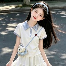 童裝女童夏季套裝裙中大童短袖Polo領上衣蛋糕裙女孩學院風兩件套