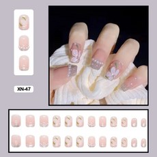 여름 요정 꽃 패턴 네일 아트 인조 손톱 접착 핑크 보라색 짧은 웨어러블 착용 도구 포함 24개, XN-47, 1개