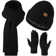 Premillow 여성용 겨울 비니 모자 스카프 장갑 세트 슬라우치 여성용 겨울 모자 롱 스카프 터치스크린 장갑 3 in 1 세트 블랙. 단일 사이즈