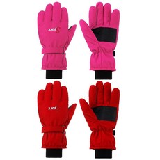 Jeere 2쌍 스키 스노우 장갑 따뜻한 겨울 장갑 조절 가능 방수 지퍼 장갑 남녀용 추운 날씨용(검정 파랑 L), 2-레드, 로즈 레드